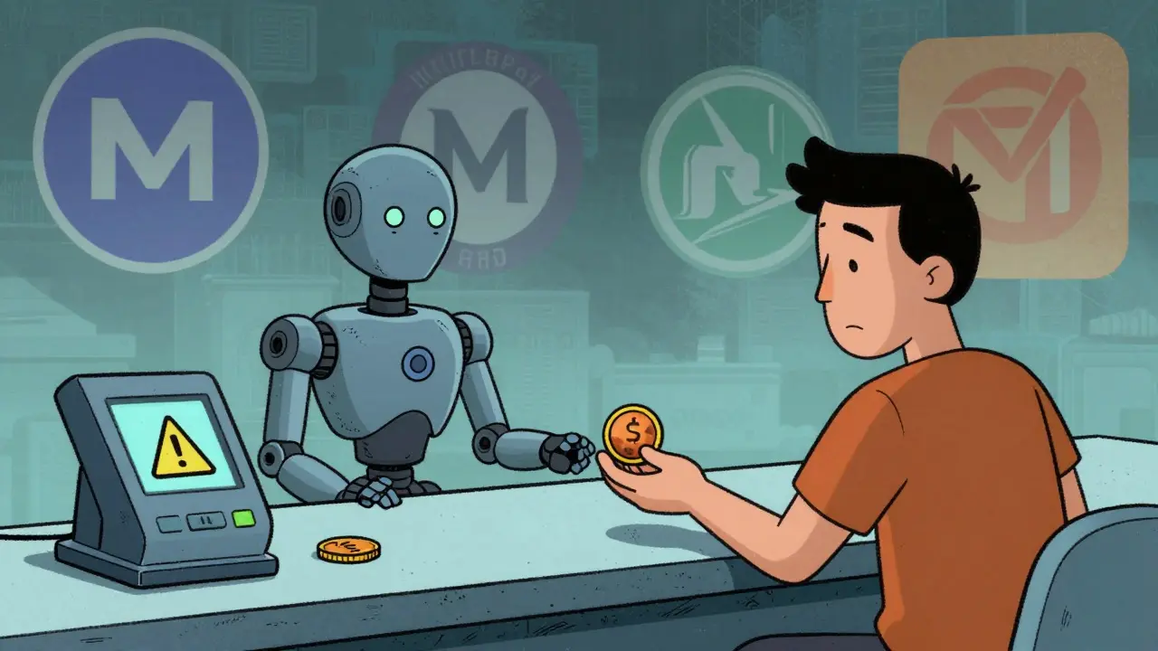 Satirical scene of a merchant struggling with new crypto payments