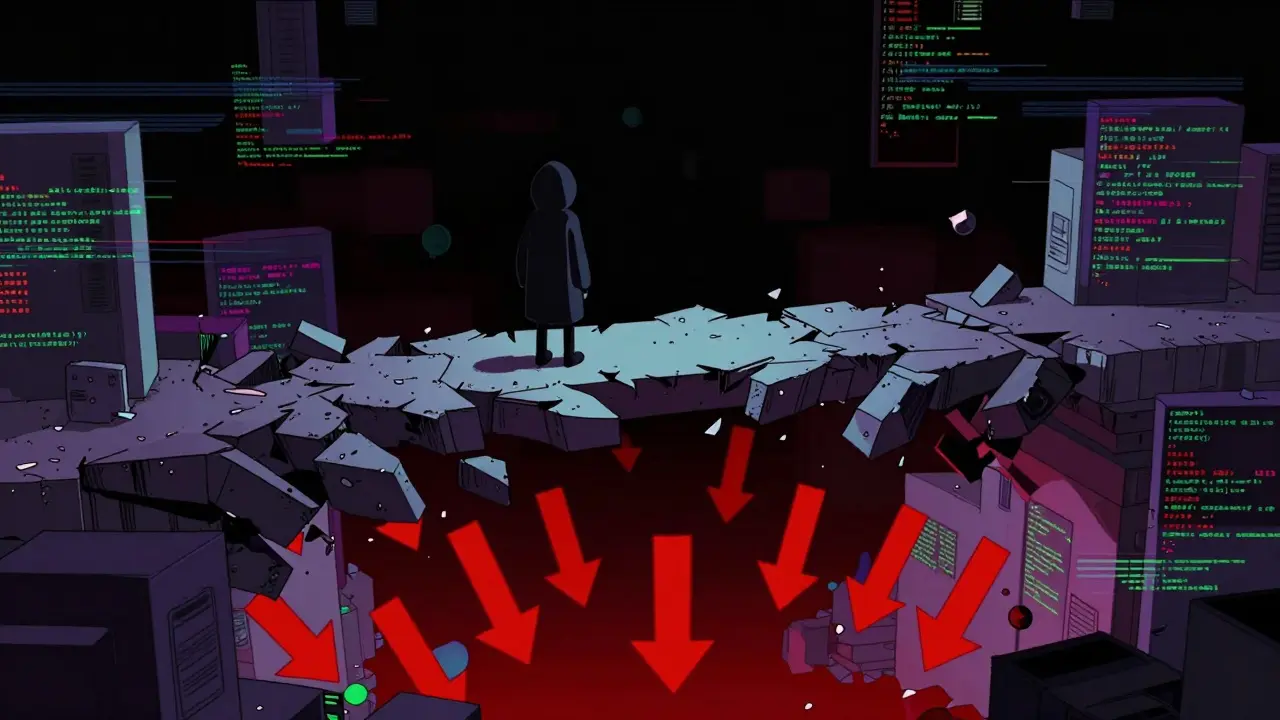 Shadowy anonymous developer on crumbling code bridge