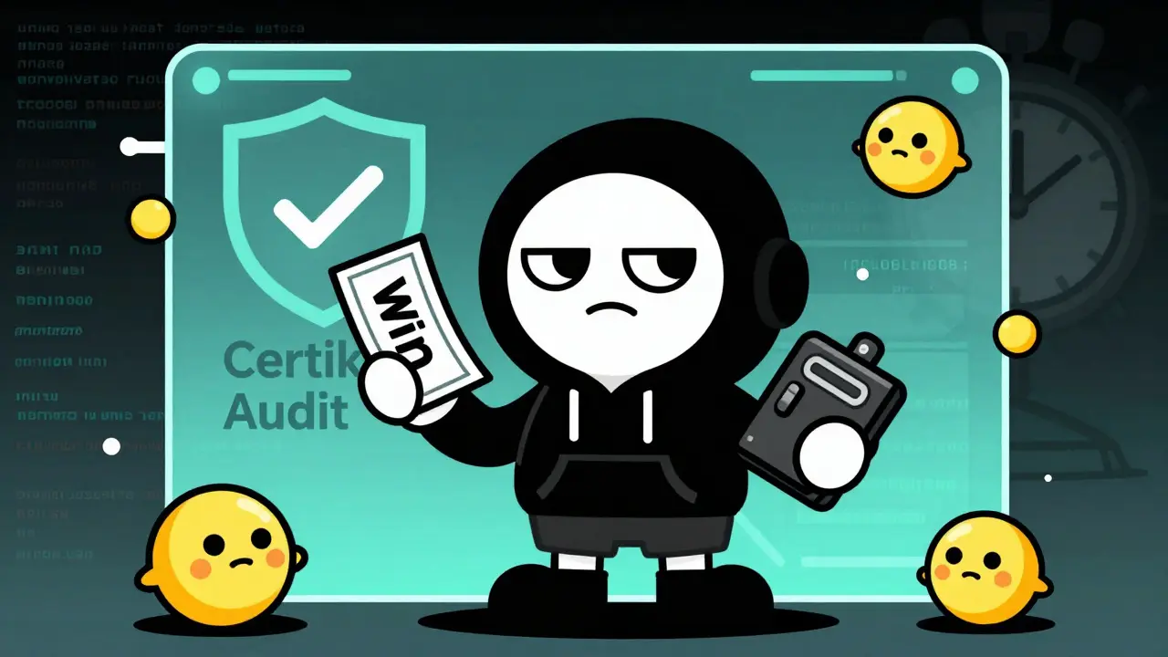 Skeptical user holding lottery ticket and hardware wallet near audit shield.