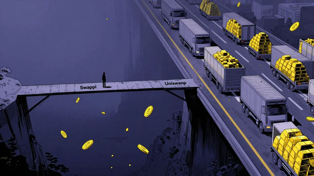 Small trader on a thin bridge over empty void vs busy Uniswap highway.