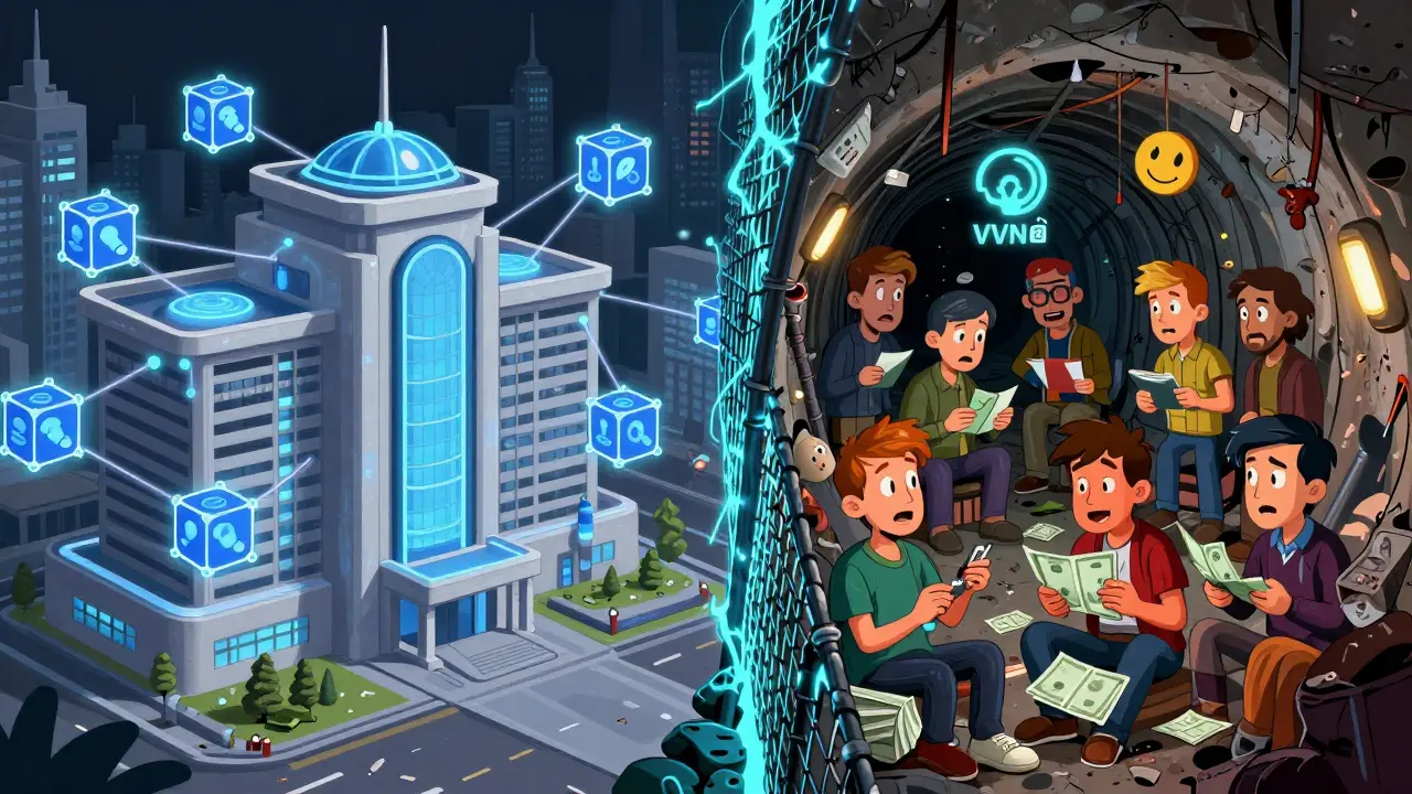 Split scene showing state blockchain tech vs underground crypto tunnels
