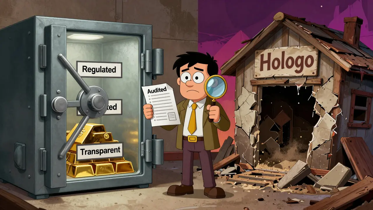 Split screen comparing a secure regulated vault to a collapsing scam platform