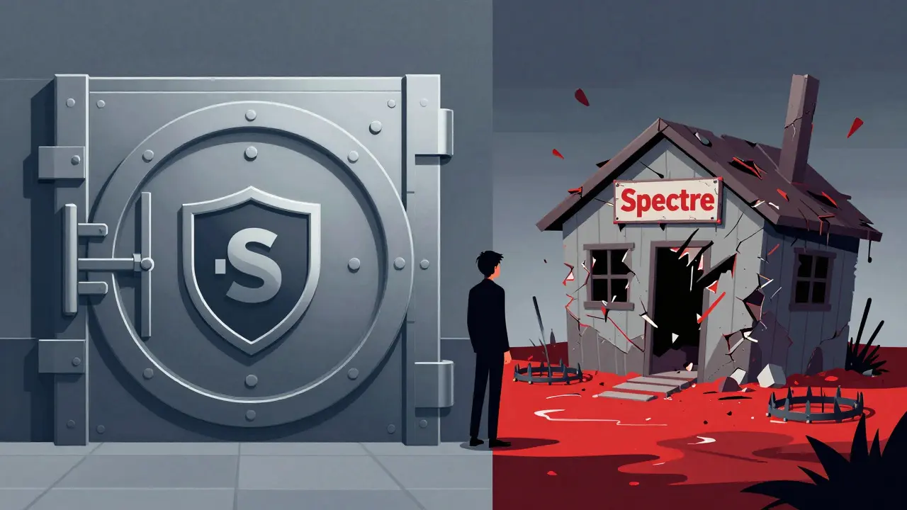 Split screen comparing secure vault to crumbling Spectre shack