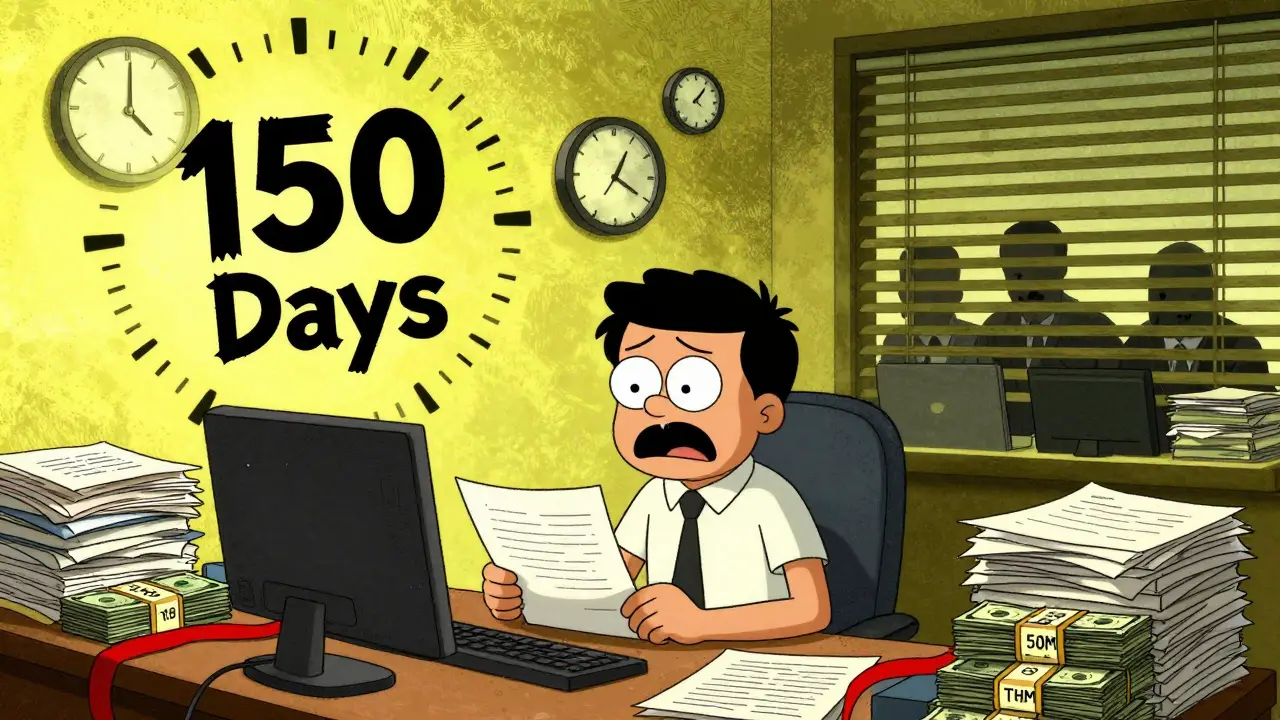 Stressed executive buried in paperwork and cash, illustrating the long crypto licensing process.