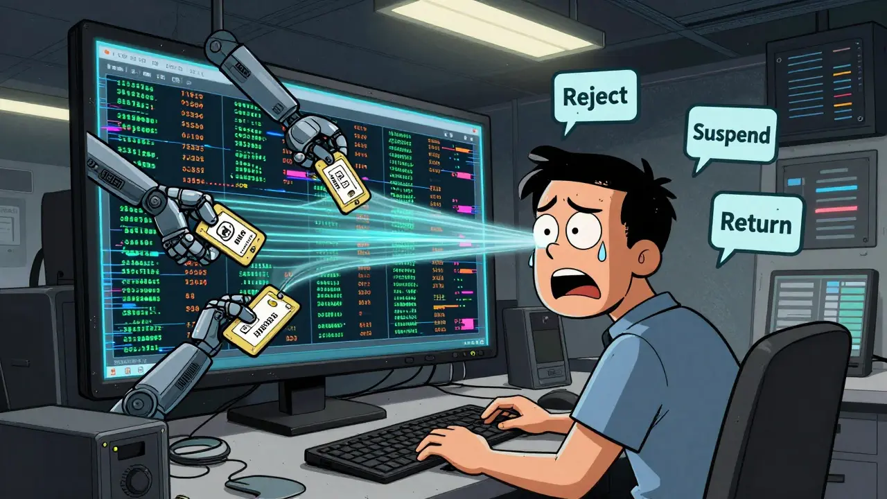 Stressed worker managing chaotic crypto compliance screens