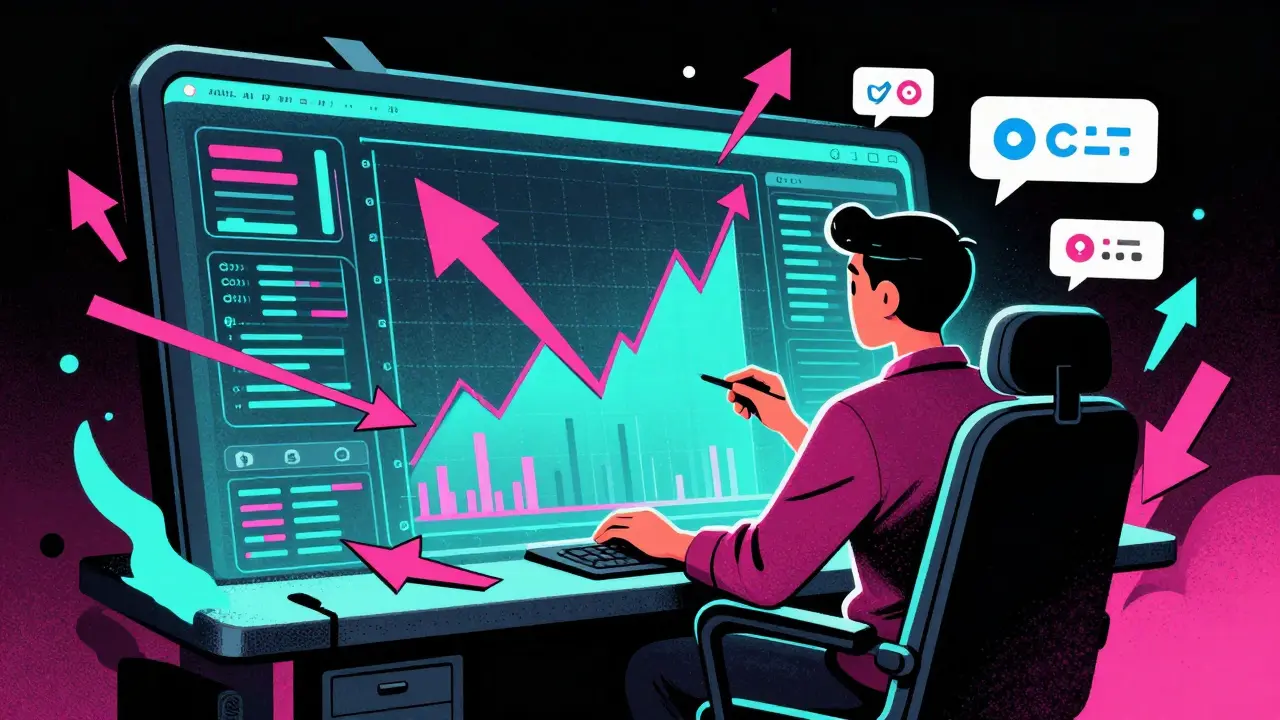 Stylized trader at a chaotic, overflowing digital dashboard with animated charts and bubbles.