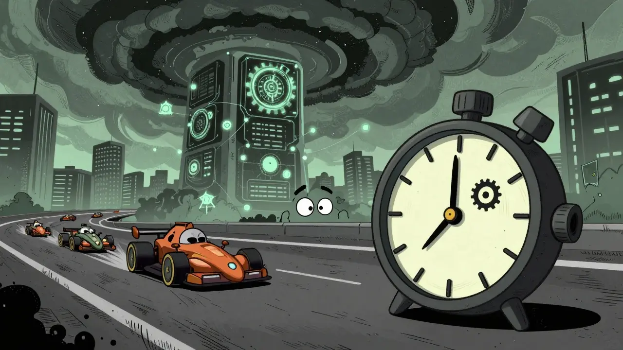 A nervous crypto wallet watching a quantum clock tick down as a giant quantum computer looms overhead.