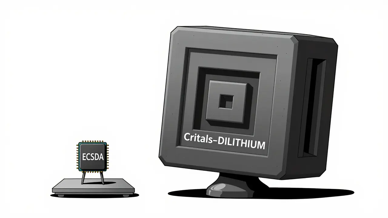 A scale showing the massive size difference between small traditional signatures and bulky post-quantum algorithms.