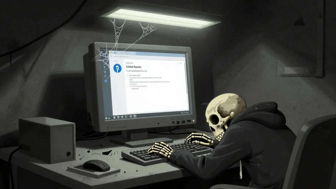 Abandoned developer desk with dusty monitor showing dead code