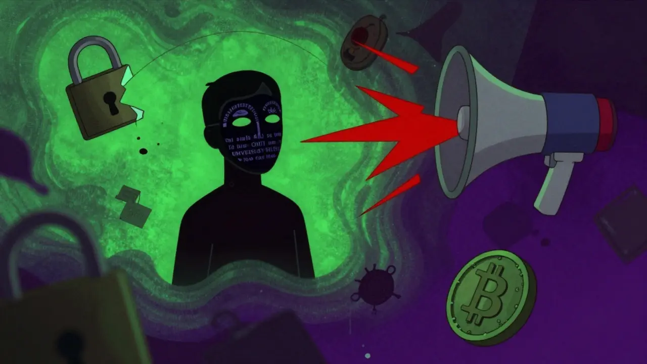 Abstract illustration of crypto scam red flags like broken locks and masked figures in a neon void.