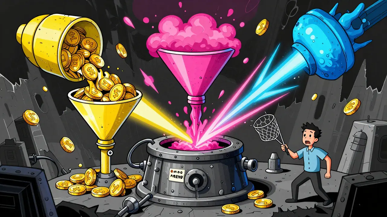 Abstract machine showing three types of crypto rewards