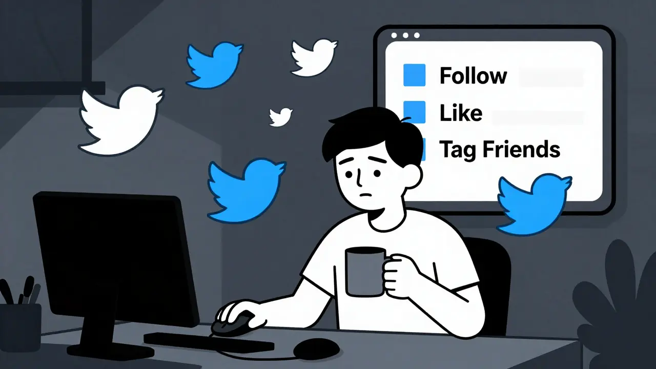 Cartoon character doing social media tasks with floating tweet icons