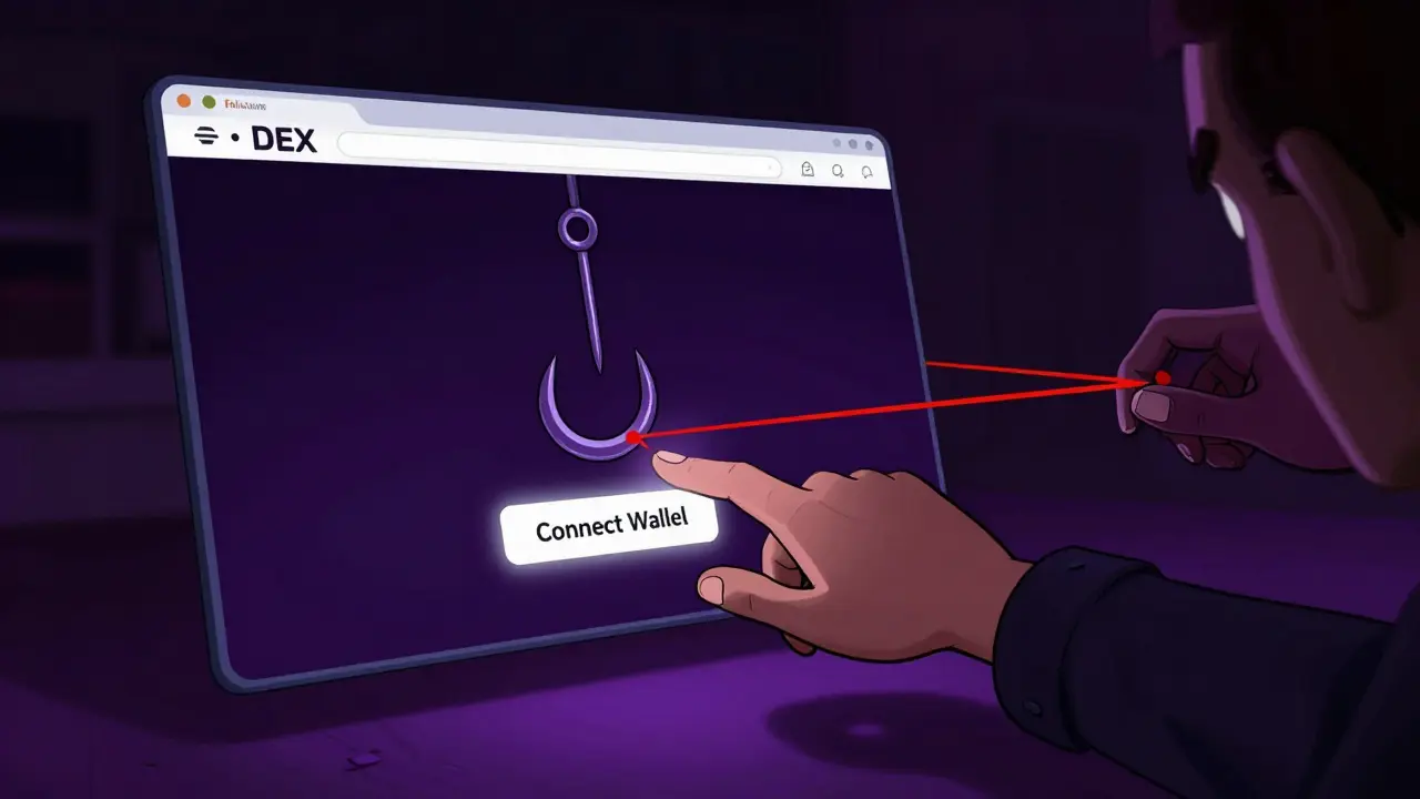 Cartoon of a user clicking a deceptive connect wallet button on a phishing site.