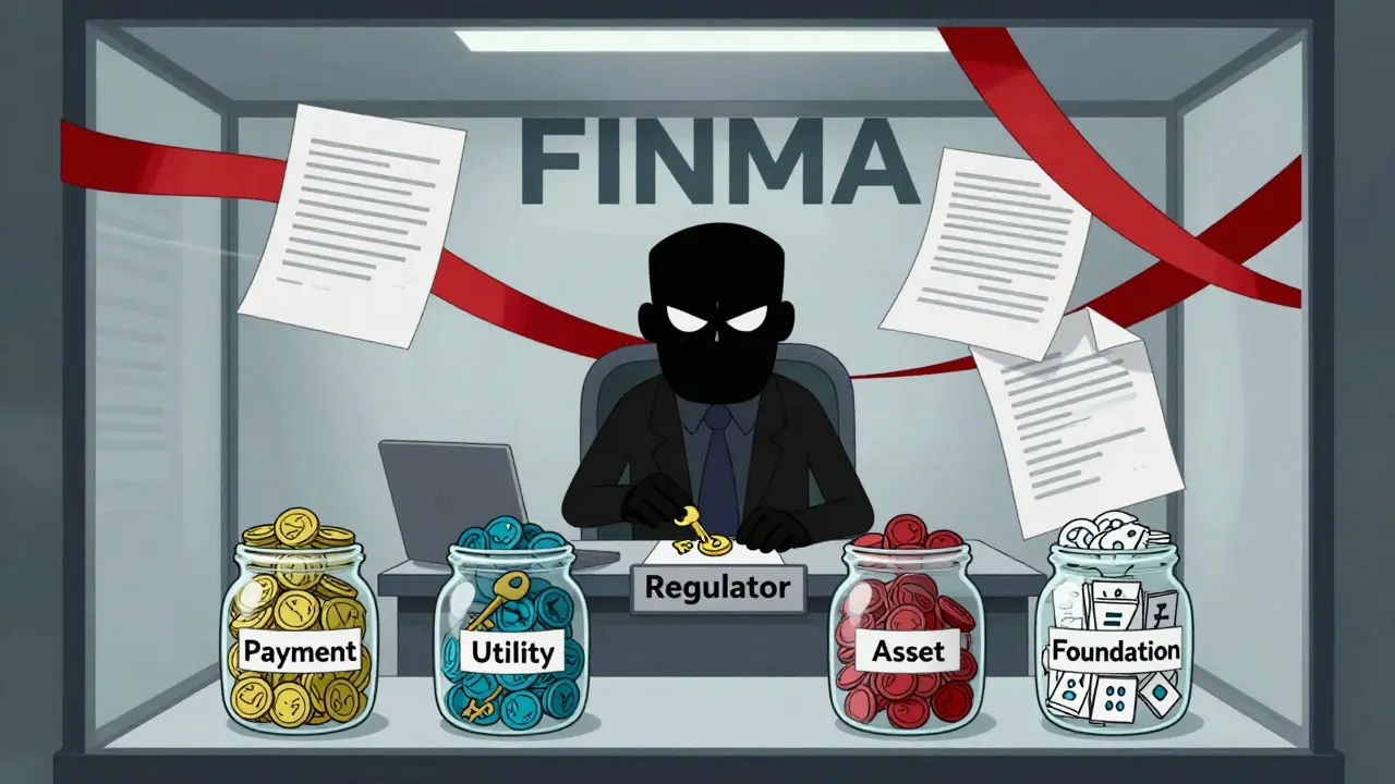 Cartoon regulator sorting crypto tokens into categories under strict financial laws