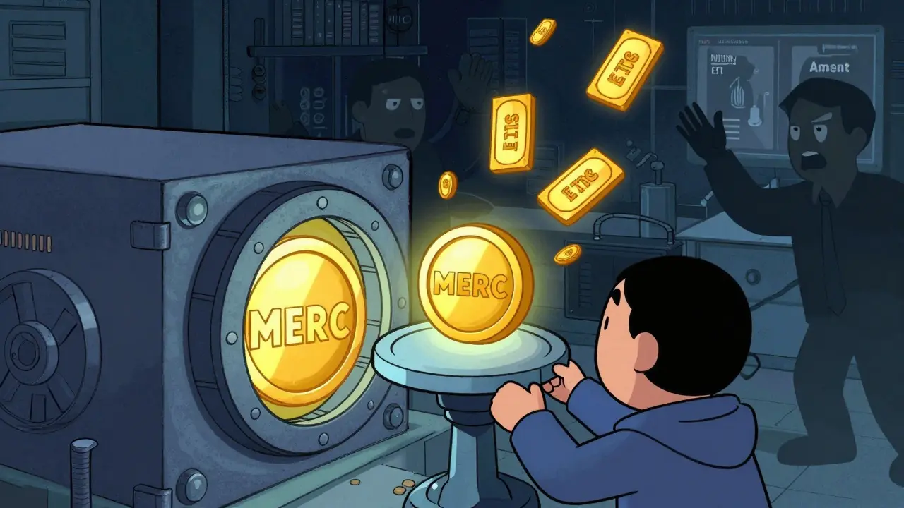 Cartoon showing MERC staking for Element Token rewards