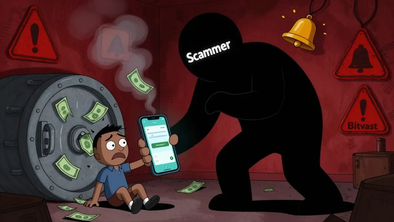 Cartoon user trapped by a shadowy scammer figure with frozen phone screen