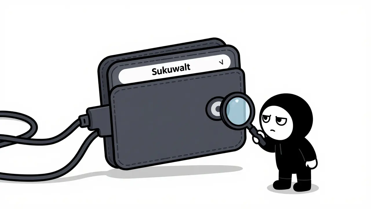 Character inspecting a wallet against tangled malicious cables