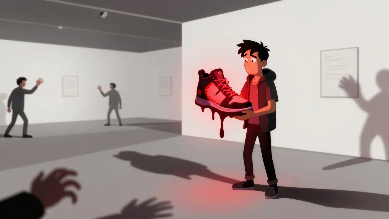 Collector holding a glowing, unique NFT artifact in an empty virtual gallery
