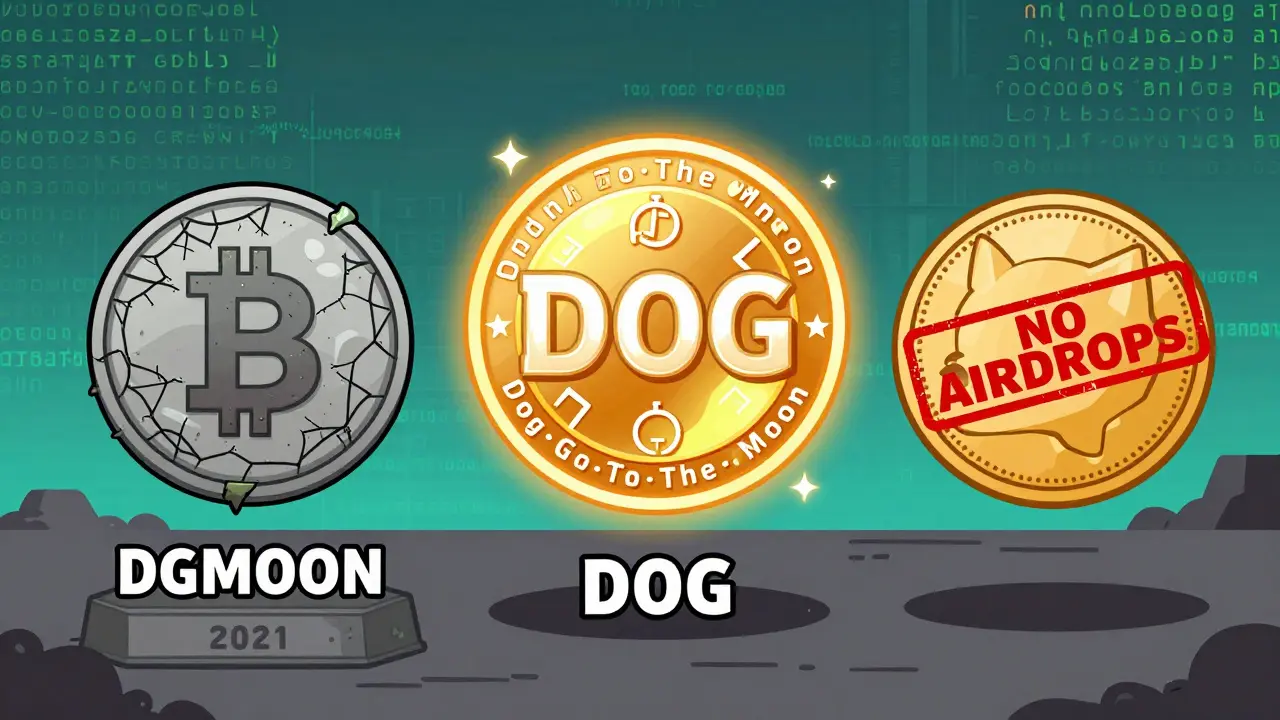 Comparison of inactive DGMOON, active DOG token, and real Dogecoin