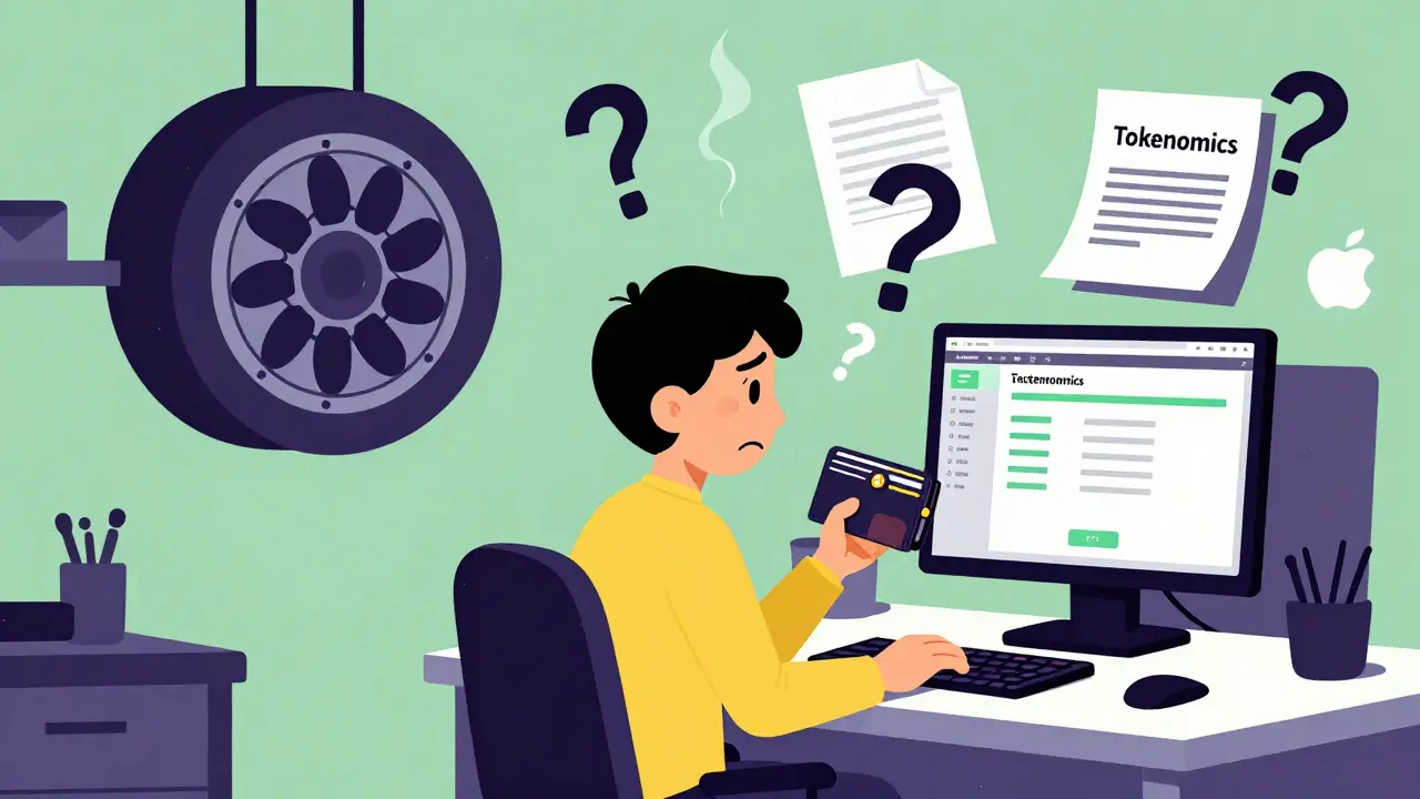 Confused investor surrounded by hardware and tokenomics chaos