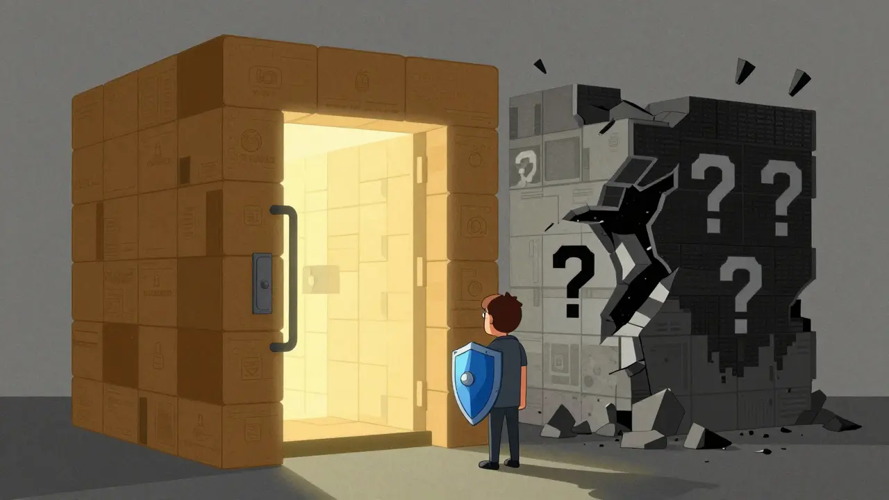 Contrast between a secure vault and a crumbling digital structure, illustrating safe vs risky trading.