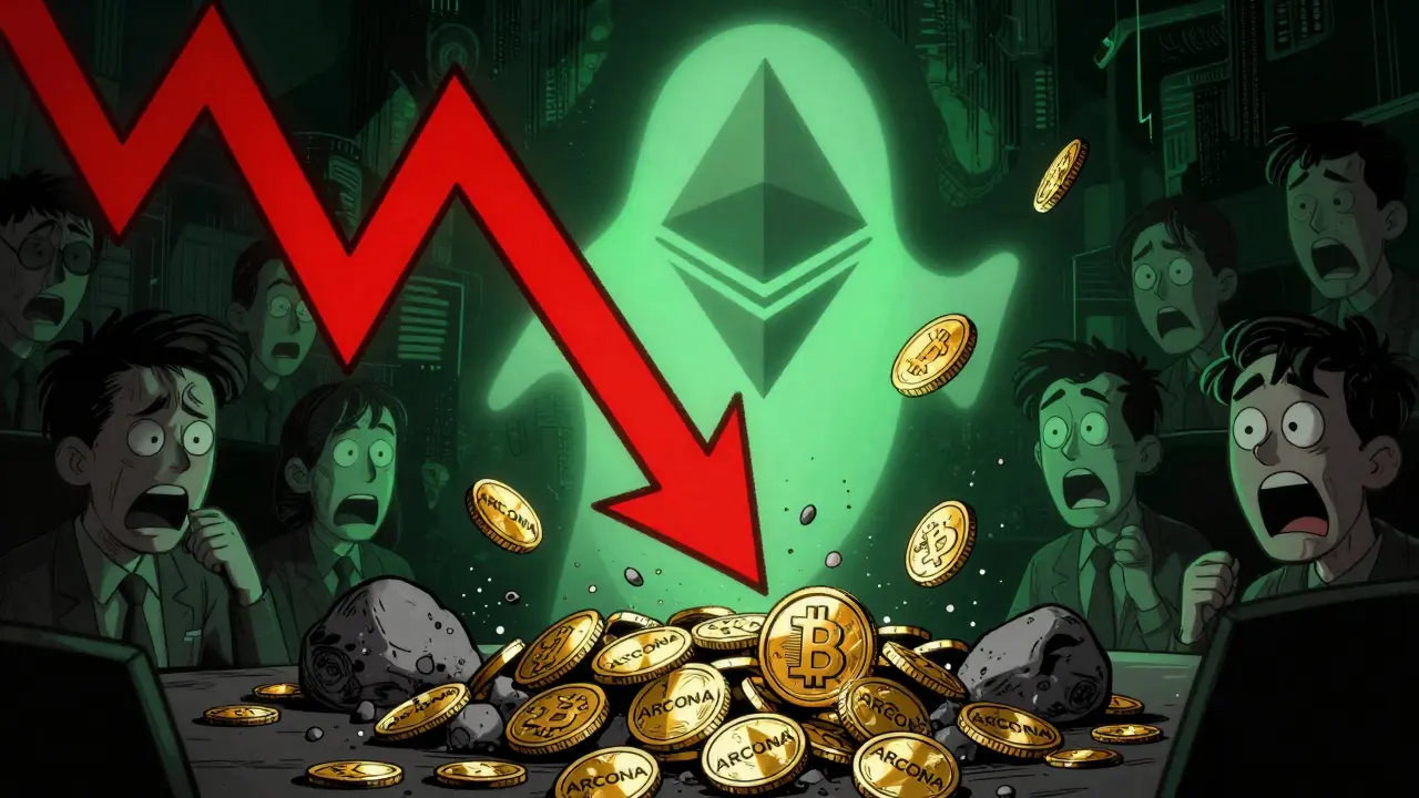 Crashing crypto chart with ARCONA coins turning to dust