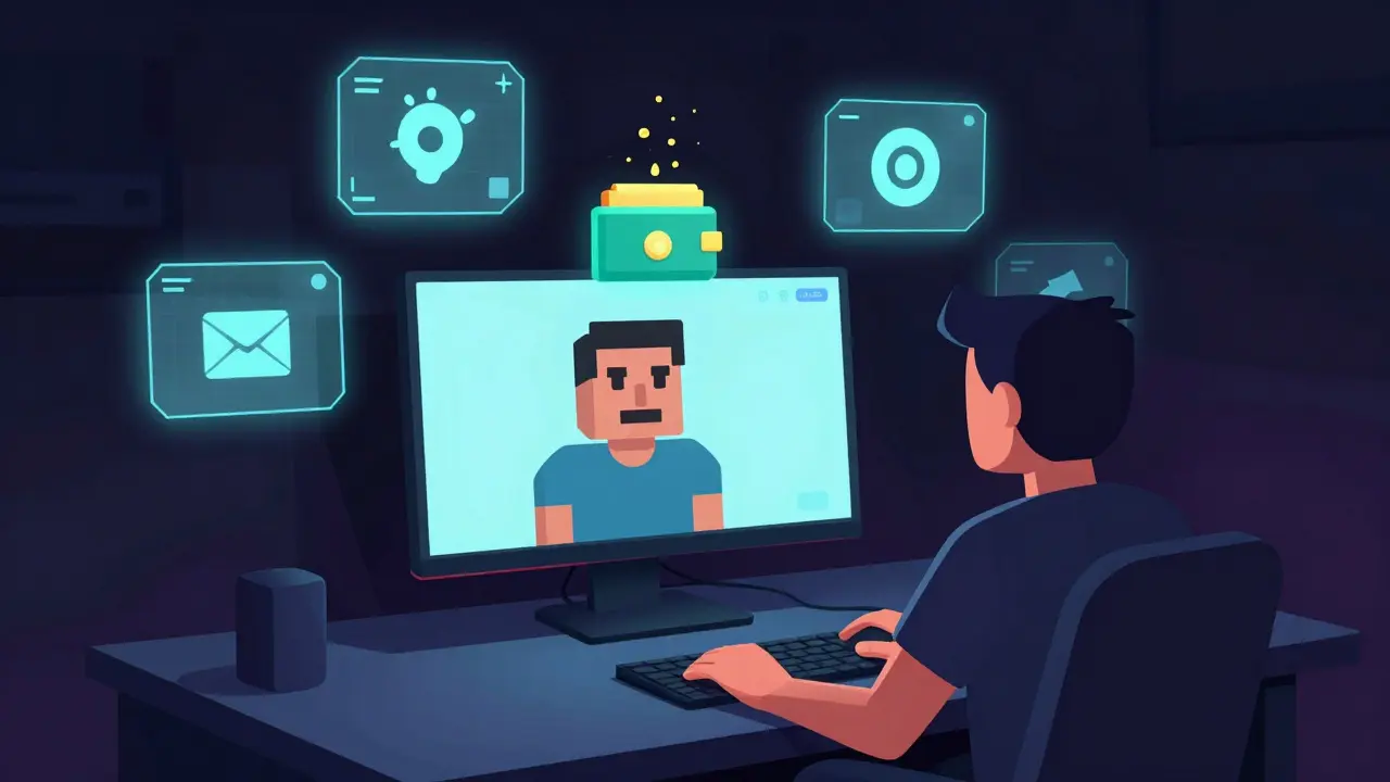 Edgy cartoon of a streamer earning micro-payments via digital ads