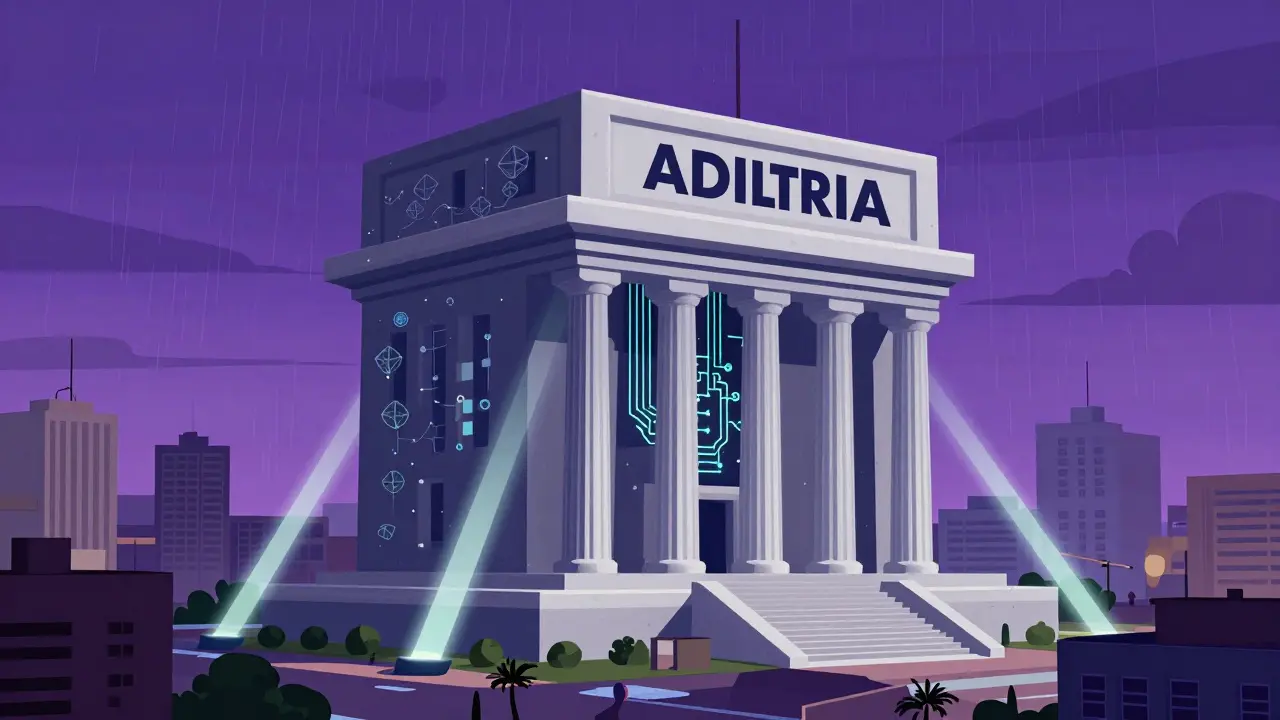 Futuristic bank building merging with blockchain technology