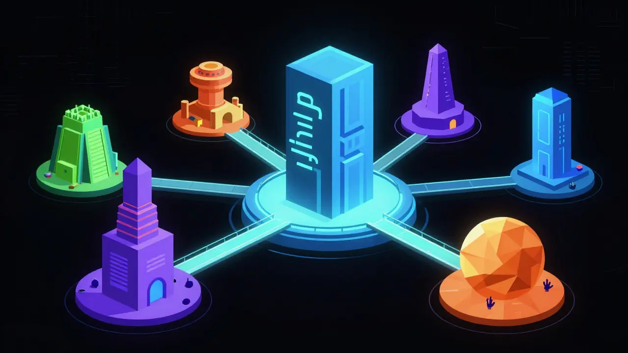 Geometric structures connected by bridges representing blockchain interoperability