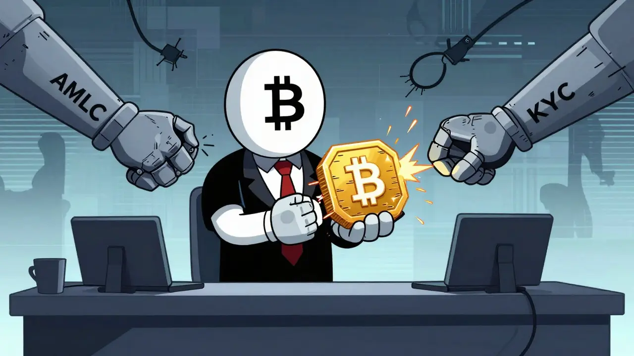 Giant hands squeezing a crypto coin into a compliant shape