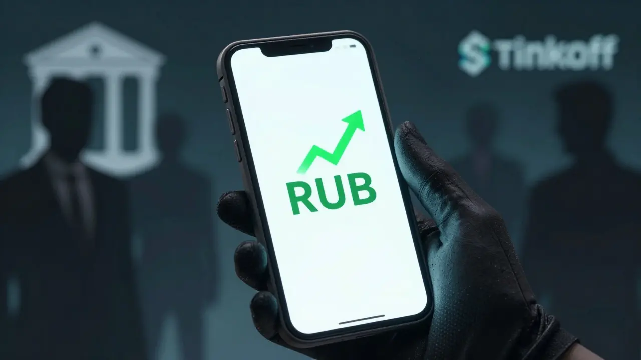 Gloved hand holding a smartphone showing a crypto trading interface with RUB support