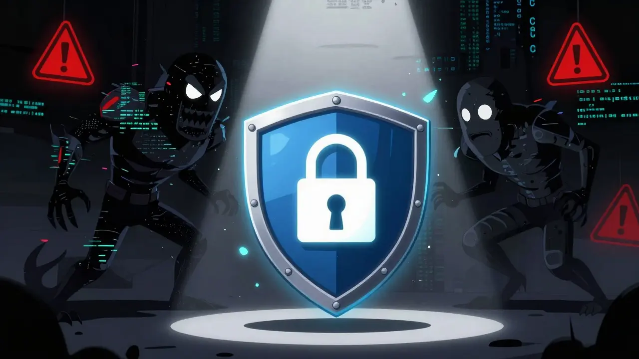 Graphic of a shield protecting against crypto scam monsters