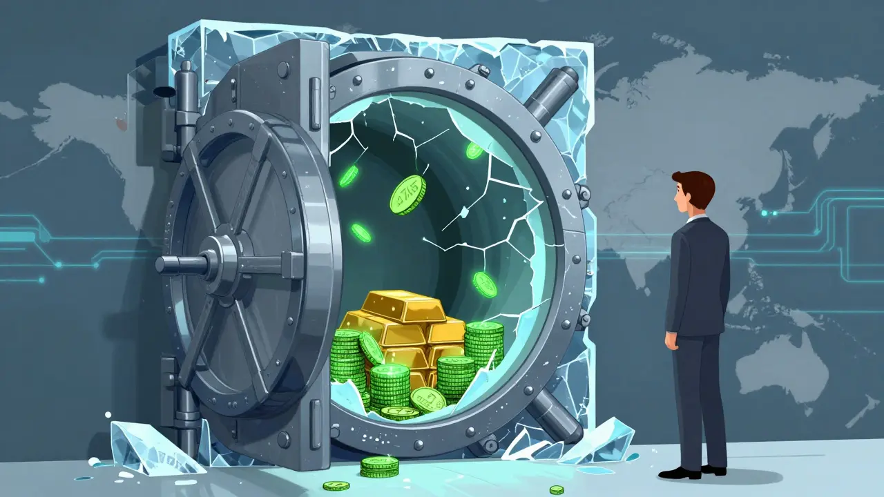 Ice vault opening to reveal glowing A7A5 stablecoins with a businessman observing