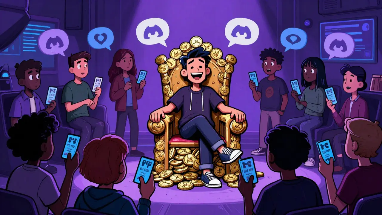 Illustration of a musician on a coin throne with fans holding access tokens