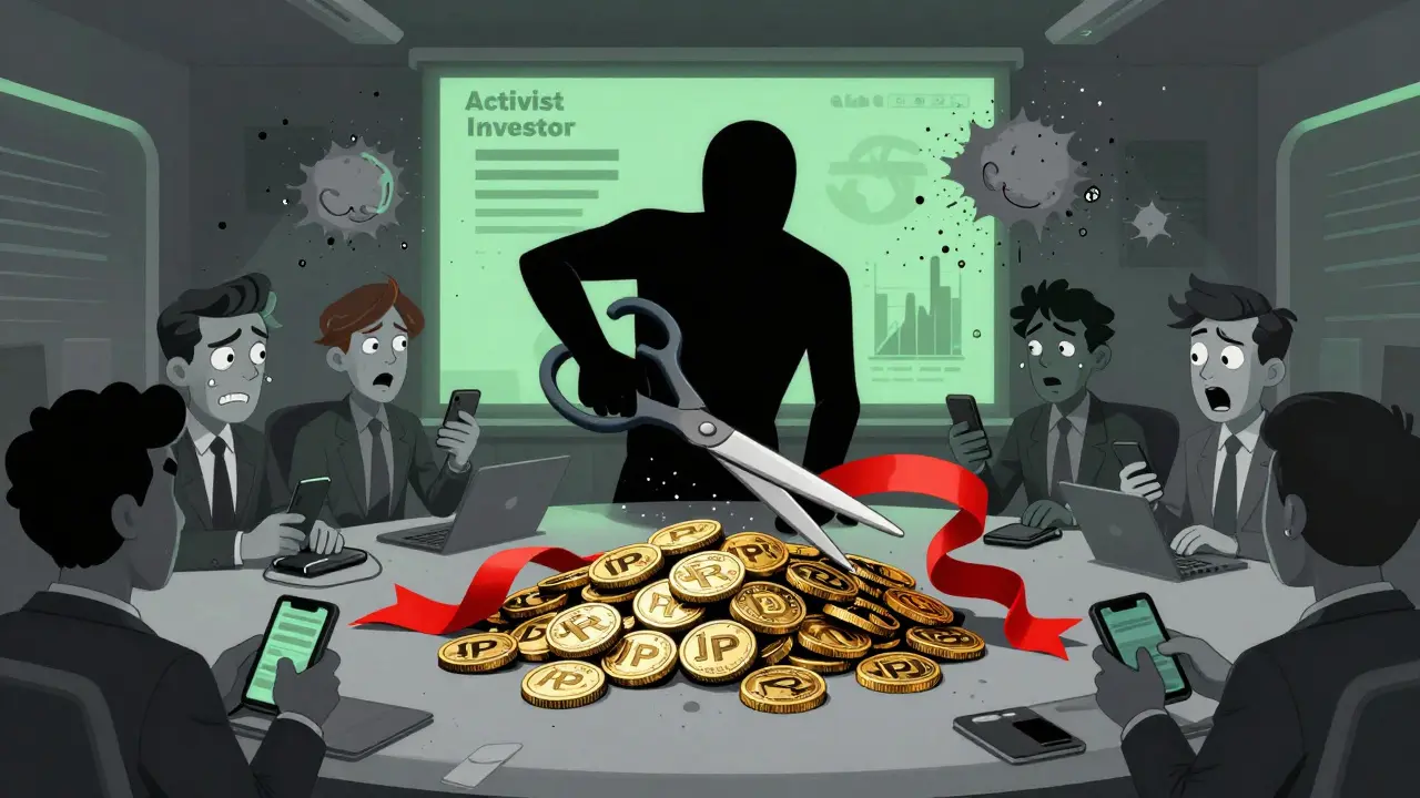 Illustration of activist investors cutting PRT tokens during governance vote