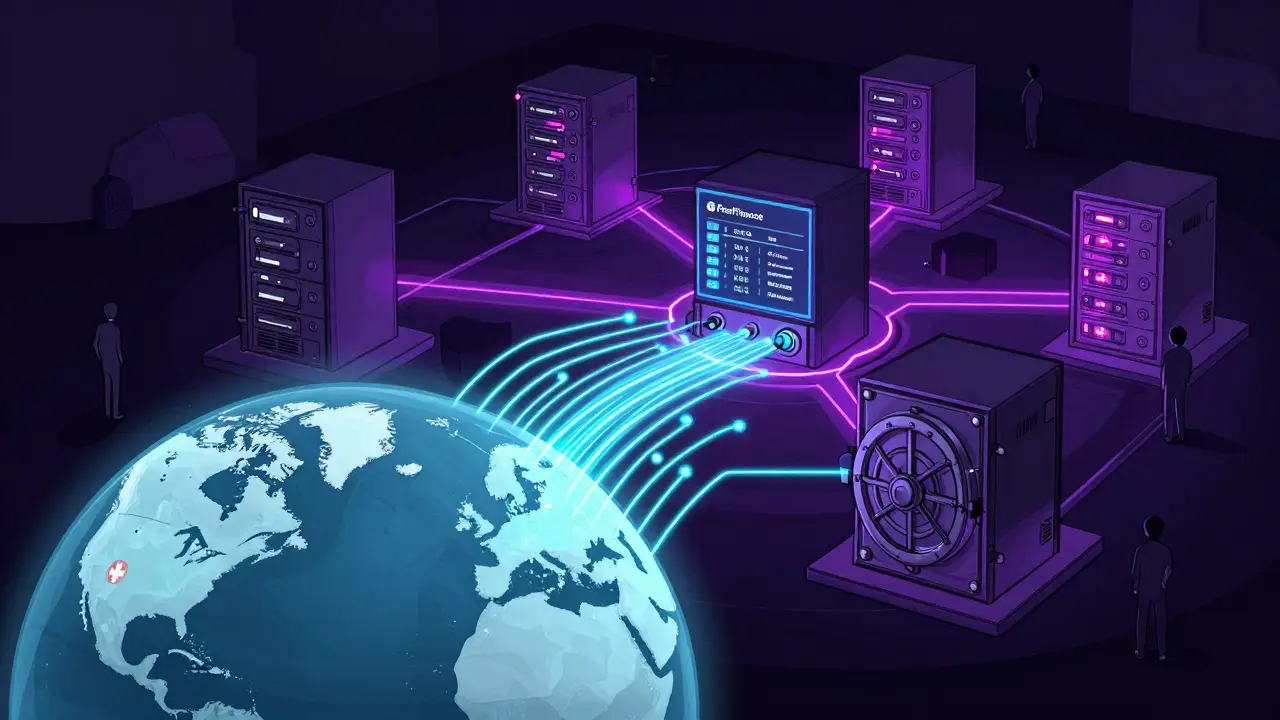 Illustration of global data networks connecting Swiss banks and blockchain systems