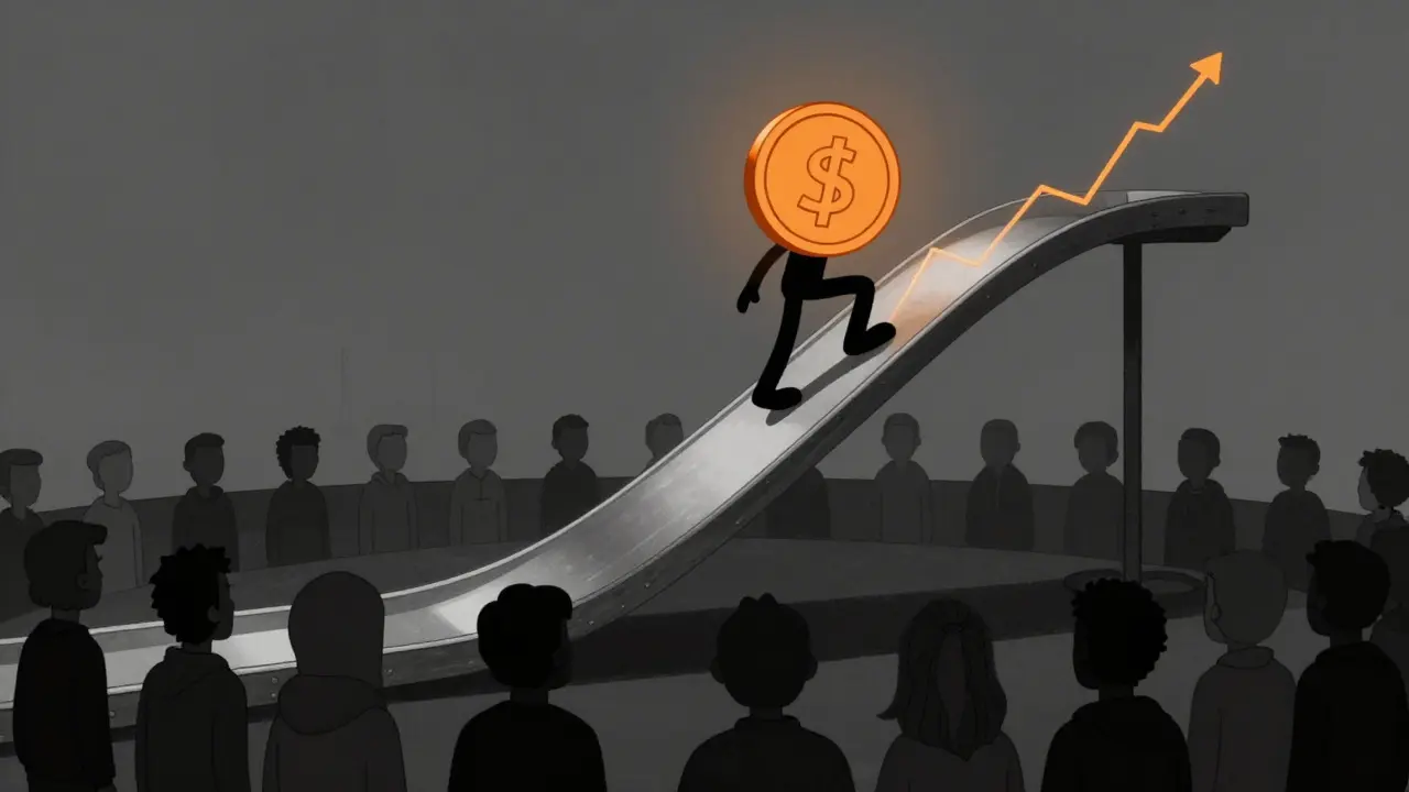 Illustration showing a token climbing a bonding curve graph in a void