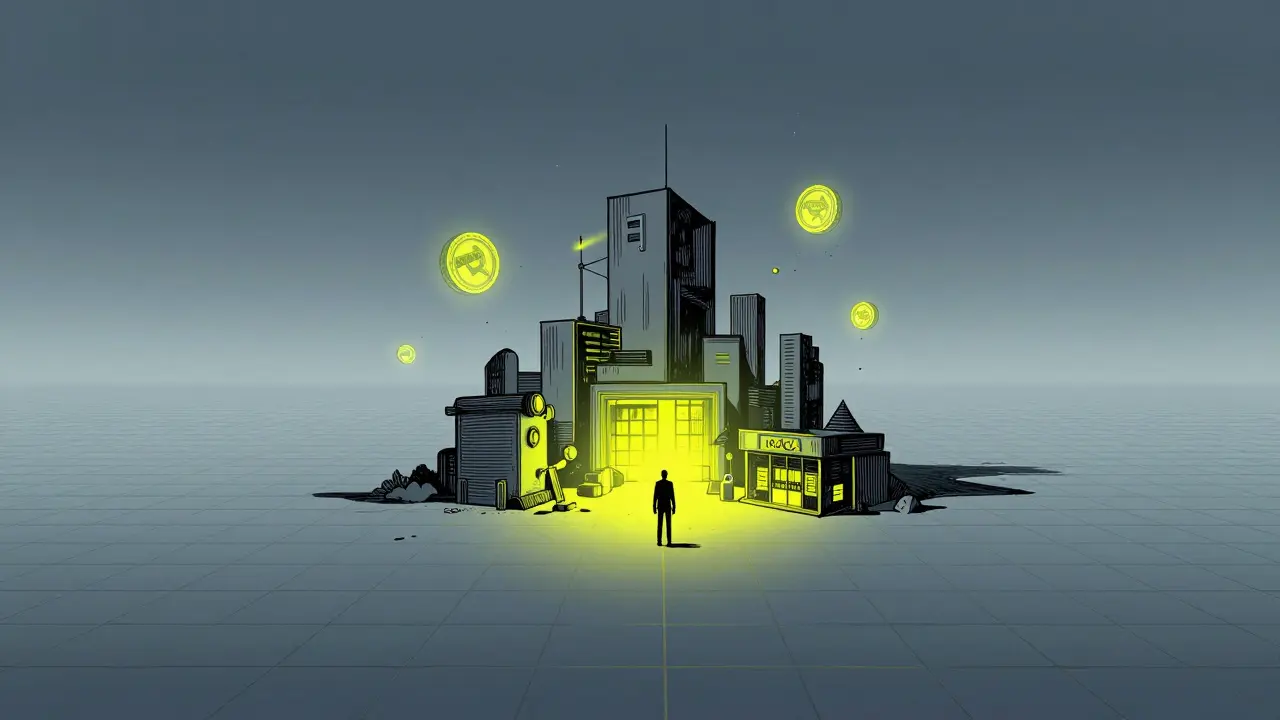 Lonely figure building structures in a desolate digital metaverse grid