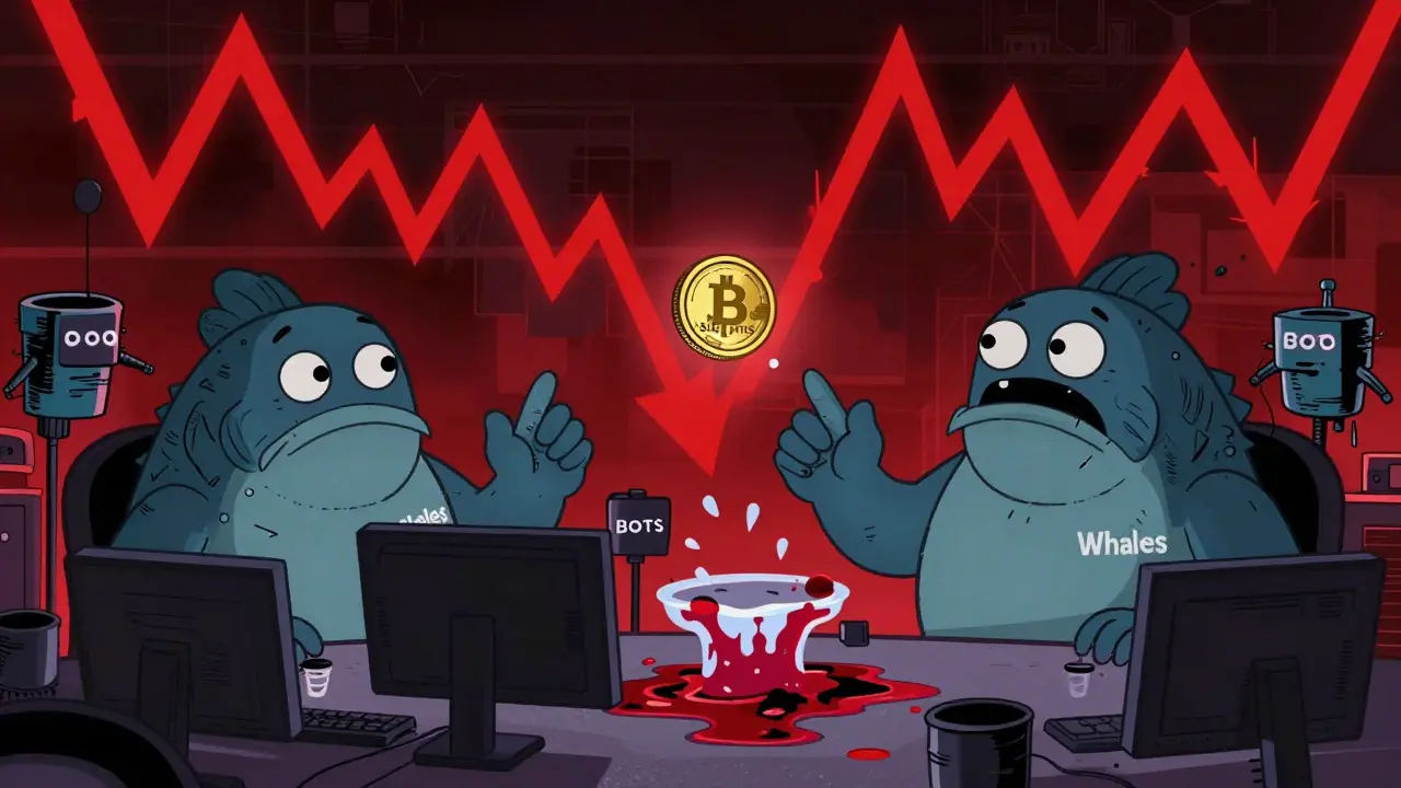 Satirical cartoon of volatile crypto trading with whales and bots