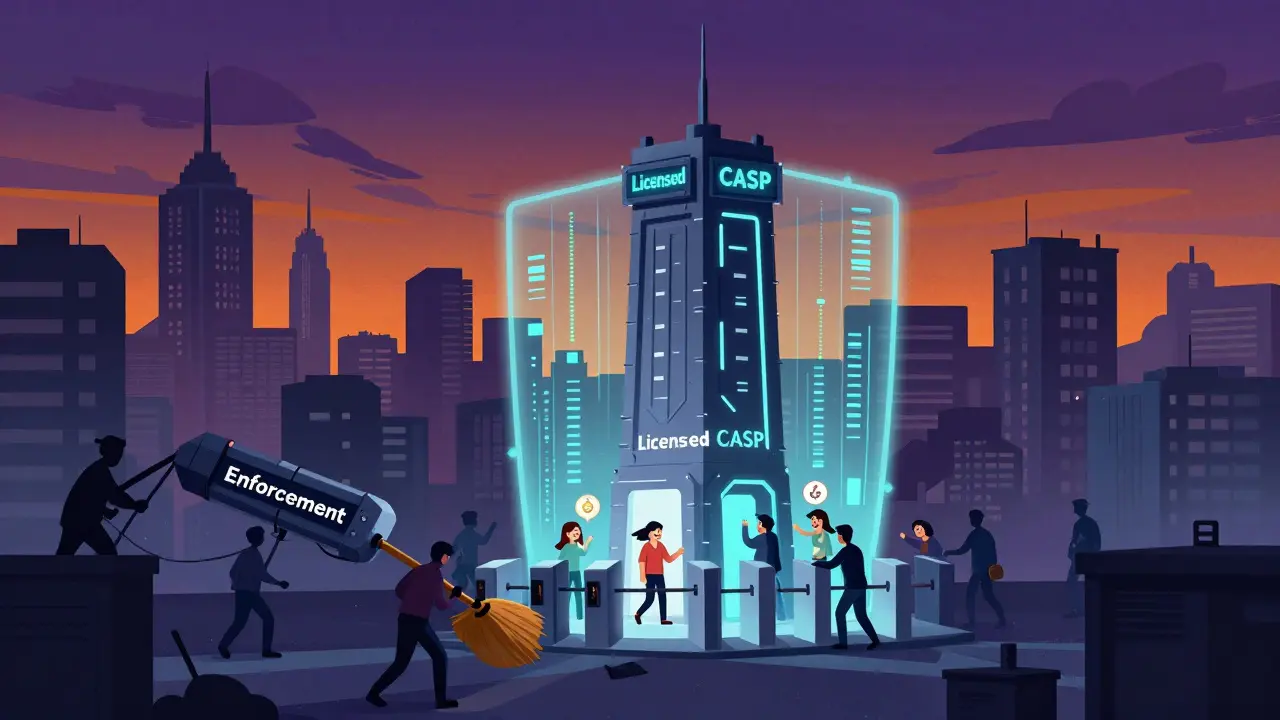 Secure licensed tower standing tall while unlicensed rivals are swept away