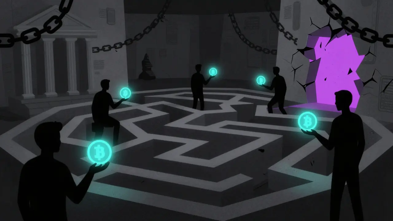 Shadowy figures exchanging glowing crypto orbs in underground network