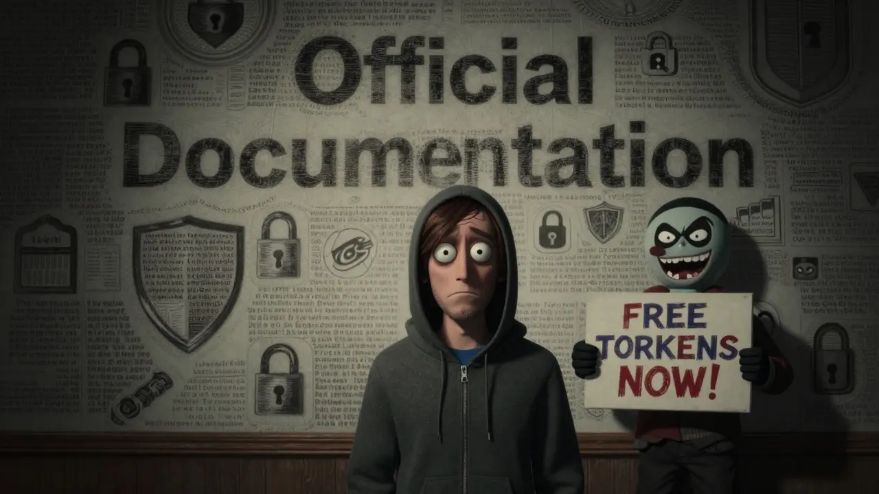 Skeptical character facing documentation while avoiding a scammer puppet