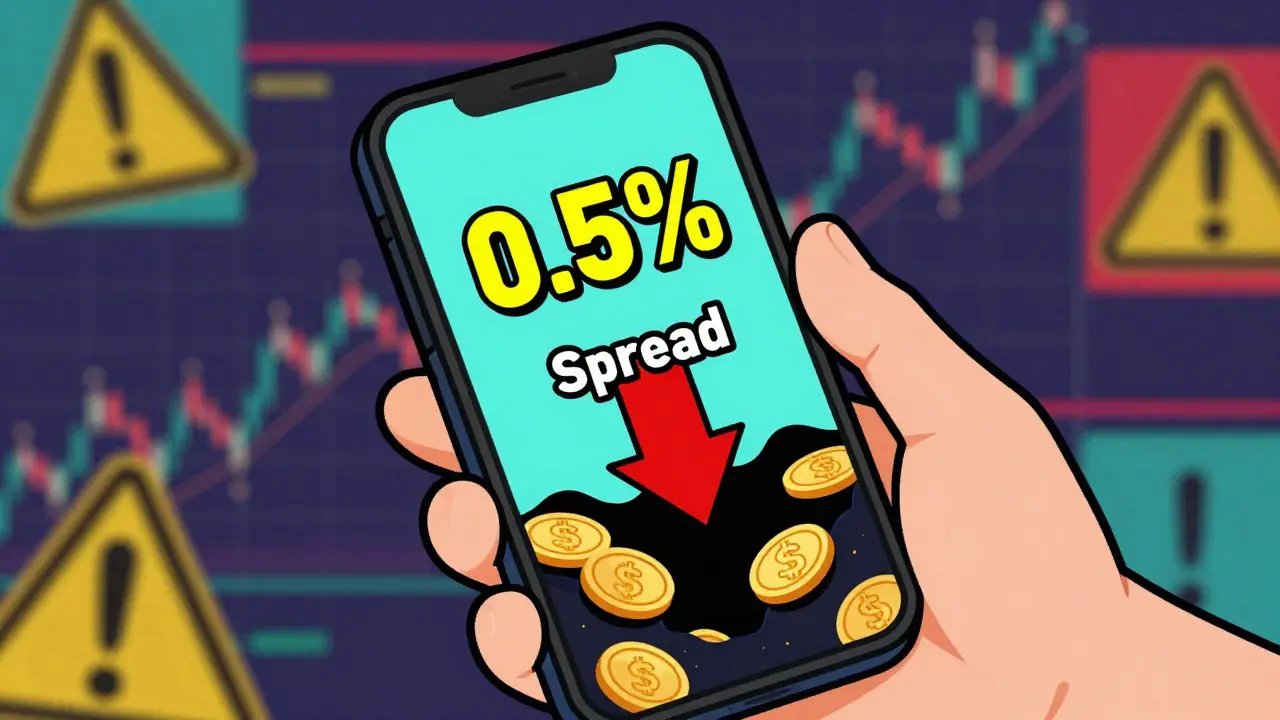 Smartphone showing deceptive low fees with hidden spread costs
