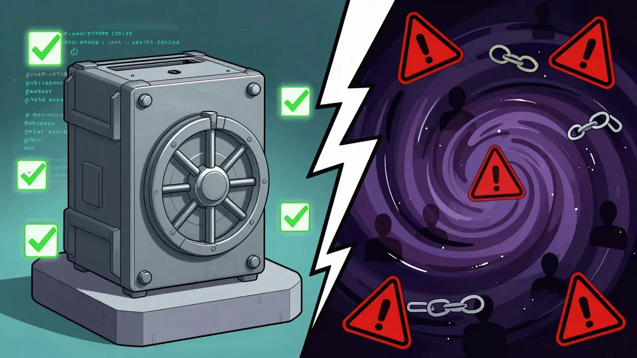Split illustration showing secure hardware wallets versus chaotic scam warnings.