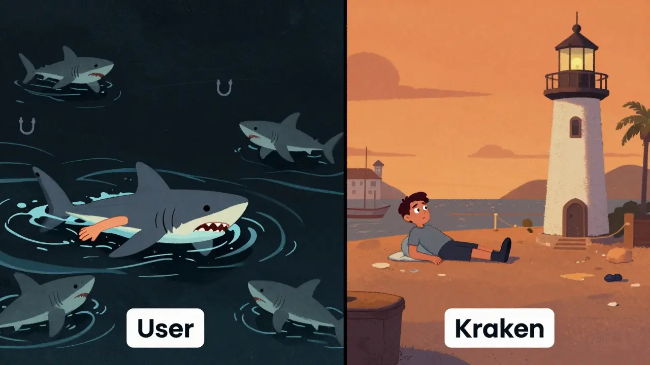 Split screen comparing risky Hswap waters to safe exchange harbor