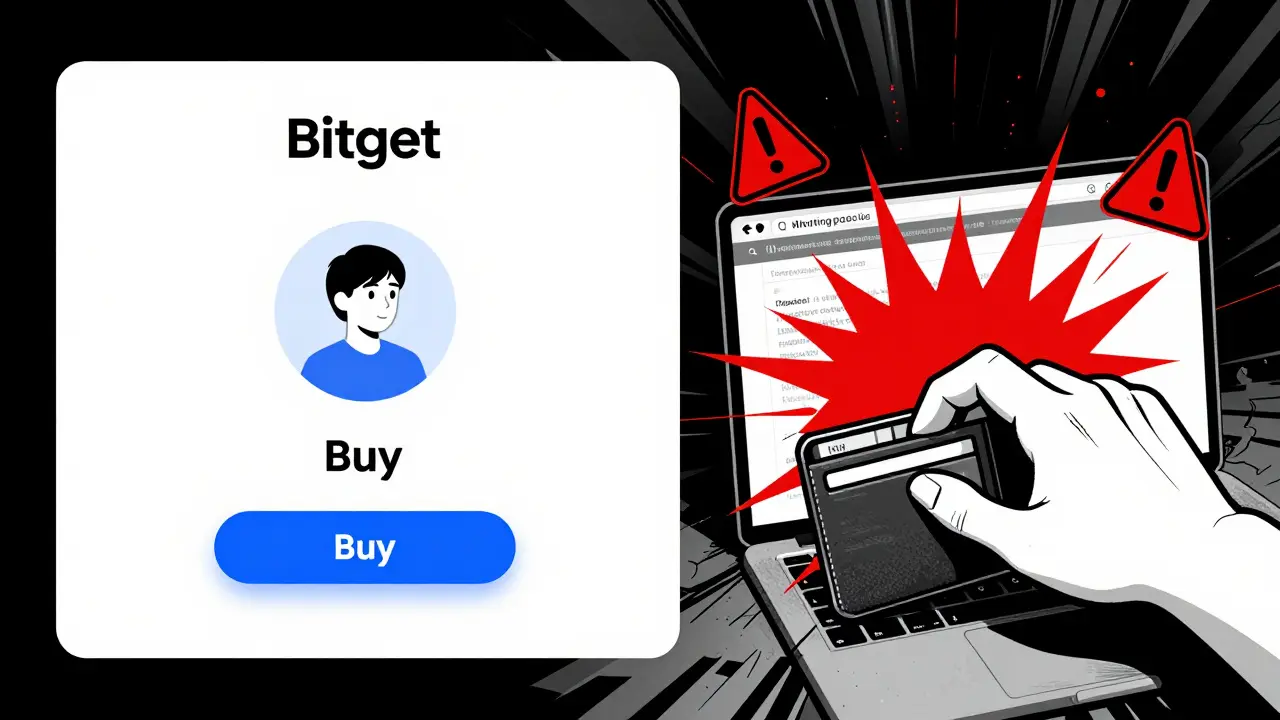 Split screen showing safe trading vs chaotic scam trap in cartoon style
