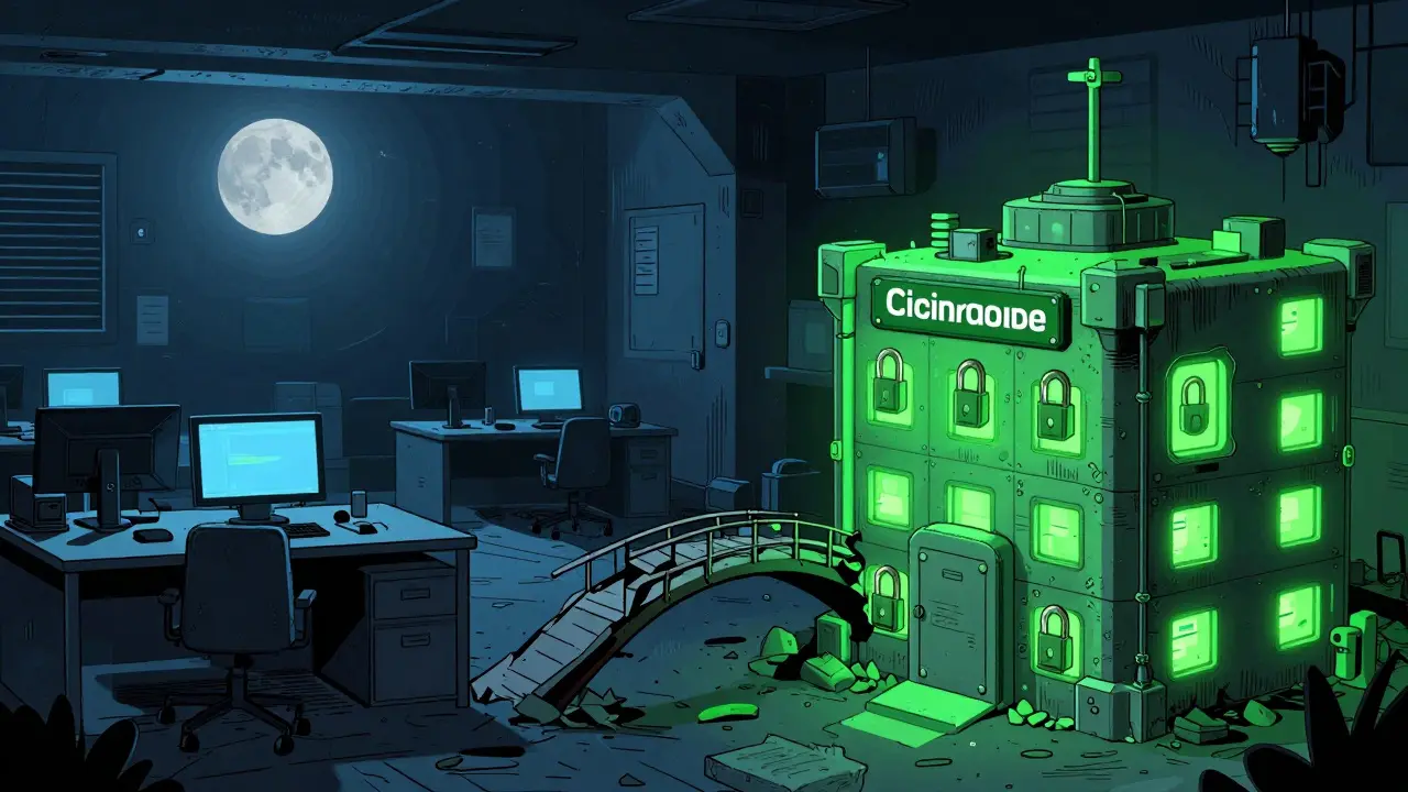 Split view: abandoned office vs secure fortress representing safe crypto exchanges