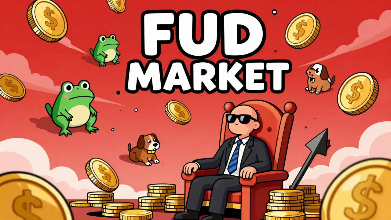 Trader profiting from crashing meme coins in a chaotic market scene