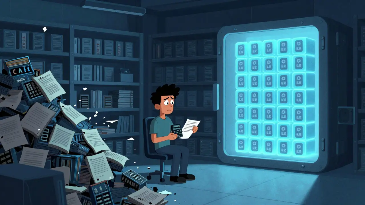 A developer choosing between decaying data and a permanent blockchain vault in a dark room.