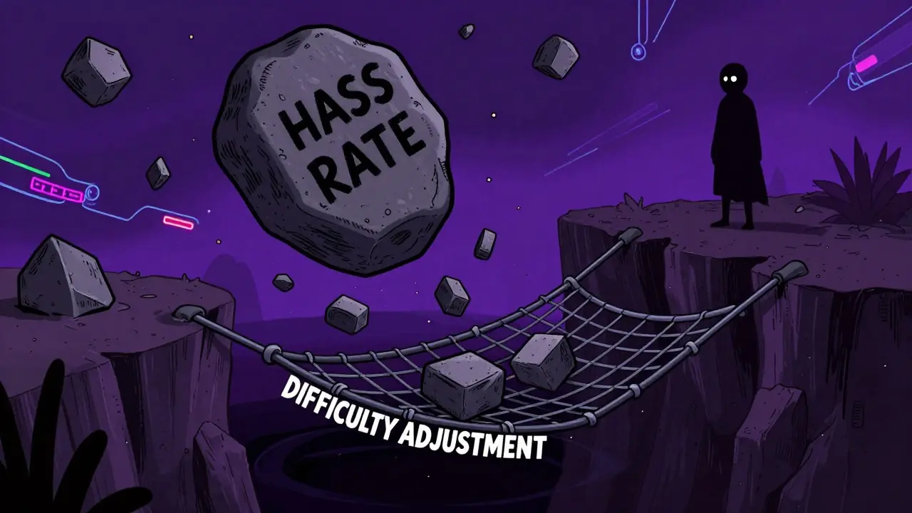 Abstract view of hash rate dropping and difficulty adjusting